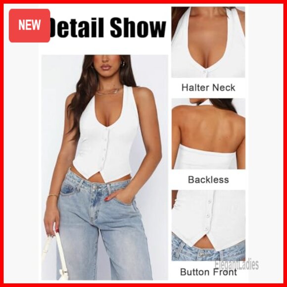 Ribbed Halter Tank Top Slim Fit Button Front Backless Crop Vest - Picture 4 of 6